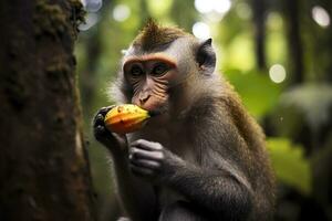 cerca arriba de mono comiendo Fruta en el selva. generativo ai foto