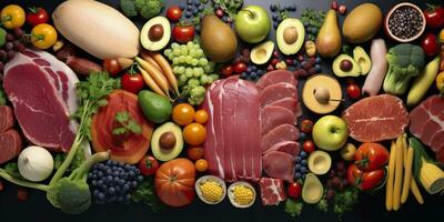 Different types of meats, vegetables, and fruits lay in supermarkets. Generative AI photo