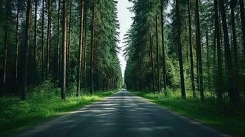 Forest with tall trees. Road in the center AI Generative photo