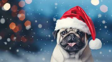 Pug dog in a Santa hat. Christmas blurred background AI Generative photo