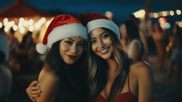 Two woman in santa hats at a beach Christmas party AI Generative photo