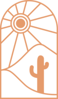 deserto boho logo con montagna e sole paesaggio. boemo valle con cactus. astratto estetico design. arco con aurora. schema viaggio grafico decorazione png