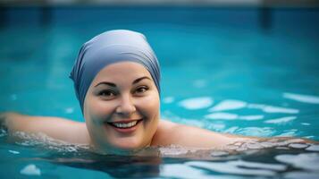The overweight woman swimming the pool. AI Generative Water aerobics class. photo