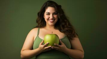 ai generativo más Talla mujer con verde manzana en su manos en un verde antecedentes foto