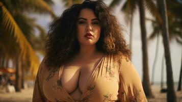 AI Generative Beautiful and confident plus size woman having fun at the beach. photo