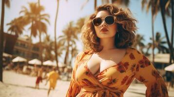 AI Generative Beautiful and confident plus size woman having fun at the beach. photo
