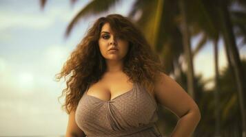 AI Generative Beautiful and confident plus size woman having fun at the beach. photo