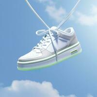 A white, blue, and green casual shoe is suspended in the air, in the style of hazy, dreamlike quality, AI Generative photo