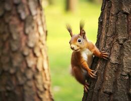 hermosa ardilla en un árbol en un bosque parque en el verano. generativo ai foto