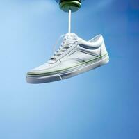 A white, blue, and green casual shoe is suspended in the air, in the style of hazy, dreamlike quality, AI Generative photo