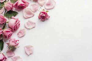 Close up of blooming pink roses flowers and petals isolated on white table background. Floral frame composition. Decorative web banner. Empty space, flat lay, top view. AI Generative photo