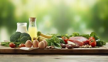 Closeup of vegetables, fruits, and meat on wooden table over green natural background. Generative AI photo