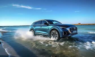 compacto suv coche y moderno diseño en hormigón la carretera a el mar de hermosa puesta de sol antecedentes , frente ver de lujo nuevo suv auto, ai generativo foto