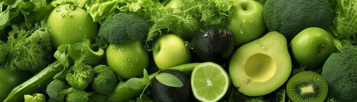 Banner layout of green fruits and vegetables. Generative AI. photo