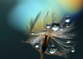 Beautiful dew drops on a dandelion seed macro. Beautiful blue background. Generative AI photo