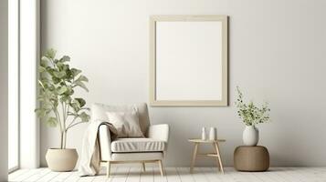 Modern cozy mock up and decoration furniture of living room and empty canvas frame on the white wall texture background, 3D rendering. AI Generative photo