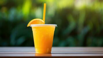 Orange Juice in cup. AI Generative Plastic cup of orange drink natural juice or smoothies. photo