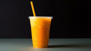 AI Generative Orange Juice in cup. Plastic cup of orange drink natural juice or smoothies. photo