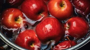 Tub or barrel filled with water and apples for Halloween custom of Apple Bobbing AI Generative photo