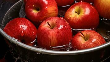 Tub or barrel filled with water and apples for Halloween custom of Apple Bobbing AI Generative photo