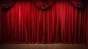 AI Generative Closed crumpled red curtain over empty theater stage. photo