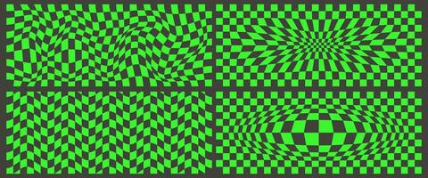 Checkerboard pattern. Black and green psychedelic wavy backgrounds set. Abstract grid warp texture. Y2k chessboard rave geometric design. Vector illustration.