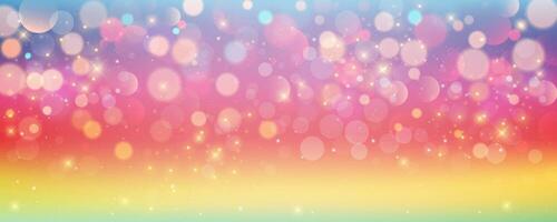 Rainbow unicorn pastel background with glitter stars. Pink fantasy sky. Holographic space with bokeh. Fairy iridescent gradient backdrop. Vector