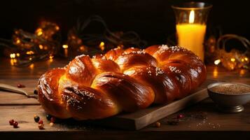 Homemade Challah bread, Jewish cuisine. AI Generative Challah for Hanukkah photo