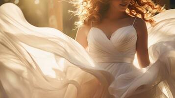 Bride in a wedding dress against the sun. Flying white dress and red hair. AI Generative photo