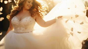 Plus size woman in a wedding dress. Sunny light blurred background AI Generative photo