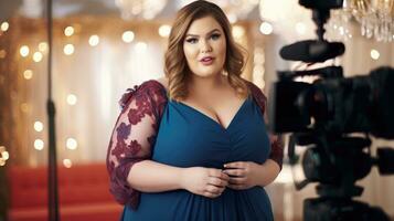 Attractive plus size woman presenter of a TV channel. AI Generative photo