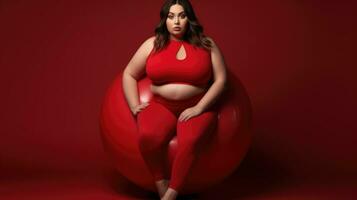 AI Generative Beautiful plus size woman on a red fitball on a red background. Attractive woman photo