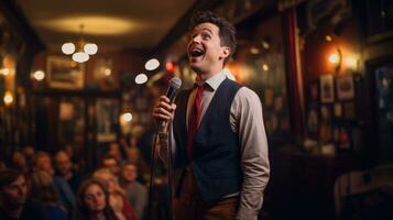 A man performs in pub. AI Generative Stand-up club. Karaoke at the bar. Evening entertainment photo