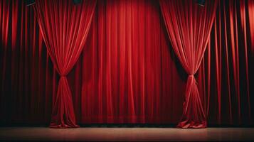 Closed crumpled red curtain over empty theater stage. AI Generative photo