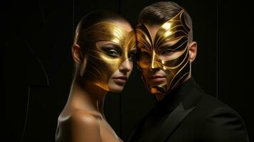 Golden theatrical masks. AI Generative Abstract costume for futuristic productions. photo