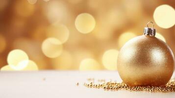 Christmas ball on abstract gold background. AI Generative Christmas banner photo