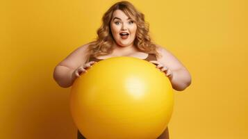 Young plus-sized woman with fitball on yellow background. AI Generative Funny photo