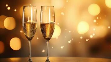 Two glasses of champagne over blur spots lights background. photo