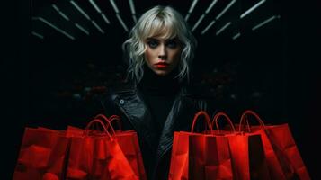 Stylish woman in jacket with shopping bags. On a black background. AI Generative photo
