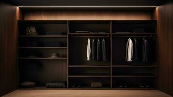 Modern dressing room for men. Modern wardrobe with stylish clo AI Generativethes photo