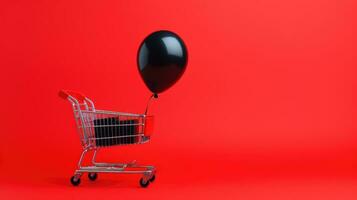 Black balloon with shopping cart. Black Friday Sale. Red background AI Generative photo