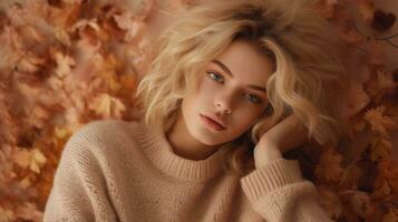 Perfect young woman with in warm winter knitted sweater. Fashion portrait. AI Generative photo