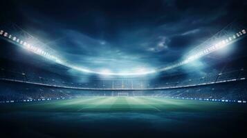 AI Generative Stadium lights against dark night sky background. Soccer match lights. AI photo