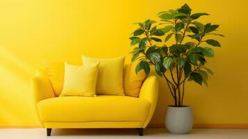 AI Generative Minimal concept. Interior of living room. Sofa on yellow background. photo