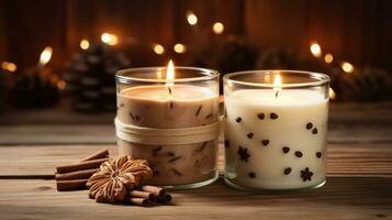 Cookie-scented handmade candles. Cozy photo on a wooden background. AI AI Generative