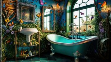 AI Generative Bathroom in kitsch style. Incredible fairytale design and vibrant colors. photo