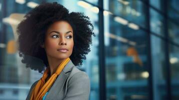 AI Generative Beautiful black woman against blurred office background. Modern business lady. photo