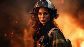 Female firefighter against the backdrop of a burning building. AI Generative photo