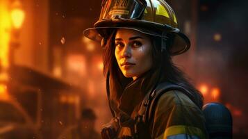 Female firefighter against the backdrop of a burning building. AI Generative photo