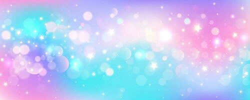 Rainbow unicorn background. Pastel glitter pink fantasy galaxy. Magic mermaid sky with bokeh. Holographic kawaii abstract space with stars and sparkles. Vector